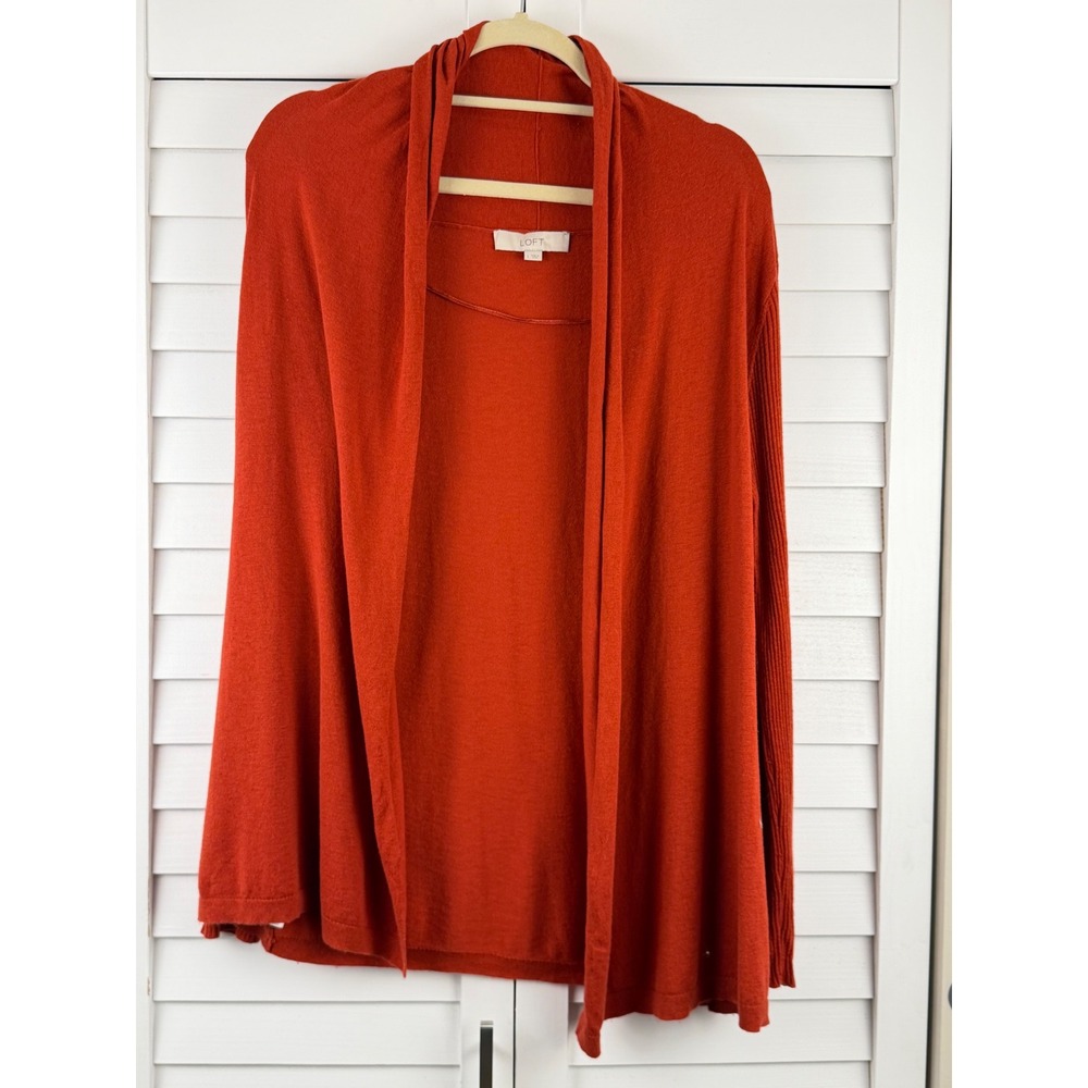 LOFT Cardigan L Orange Open Front Ribbed Sleeve Wool Blend
